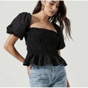 Astr Black Savina Smocked Puff Sleeve Peplum Top